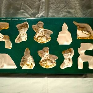 Lenox Style Hand Painted Porcelain White/Gold Christmas Ornament Set